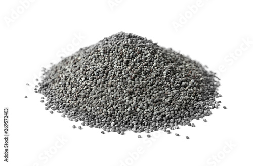Pile of raw poppy seeds on white background