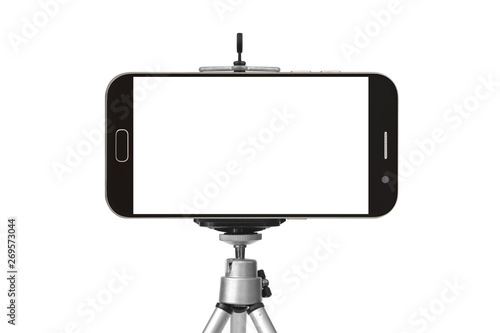 Fotografie black smart phone with tripod isolated on white