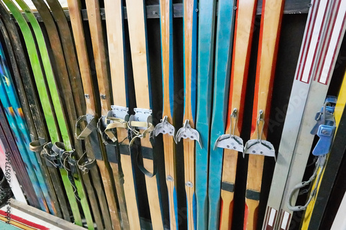 Vintage wooden skis in shop