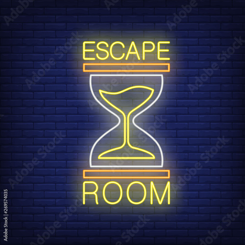 Escape room neon sign. Text and sandglass on brick wall background. Glowing banner or billboard elements. Vector illustration in neon style for posters, flyers, signboards