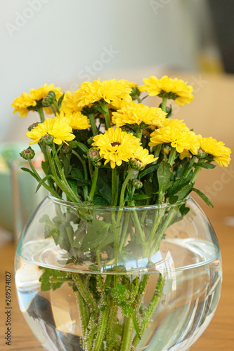 Wallpaper Mural Colorful yellow and orange chrysanthemum flower in a round glass vase on table Torontodigital.ca