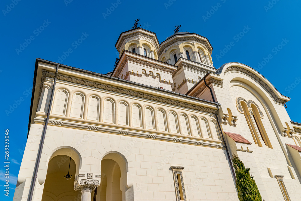 Beautiful view to the Coronation Reunification Cathedral in Alba Iulia city, Romania. A church a sunny day in Alba Iulia, Romania