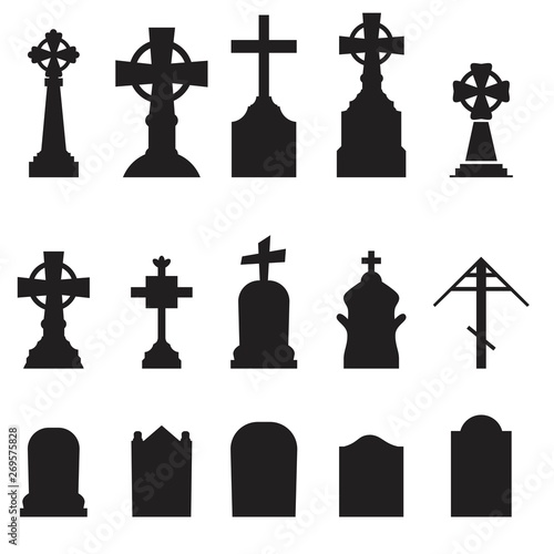 Gravestones and tombstones icons set isolated on white background