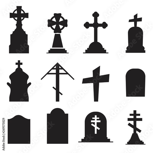 Gravestones and tombstones icons set isolated on white background