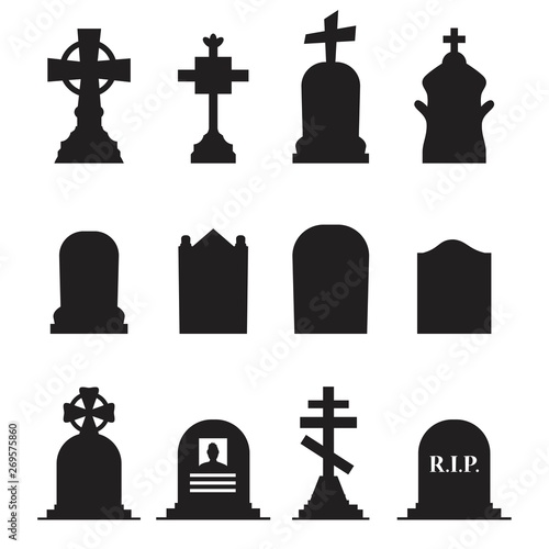 Gravestones and tombstones icons set isolated on white background