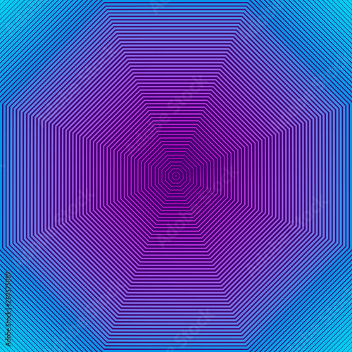 Abstract neon background. Retro 1980 style bright geometric background. Synthwave sci-fi backdrop. Concentric lines. Optical illusion vector illustration. Easy to edit template for your design.