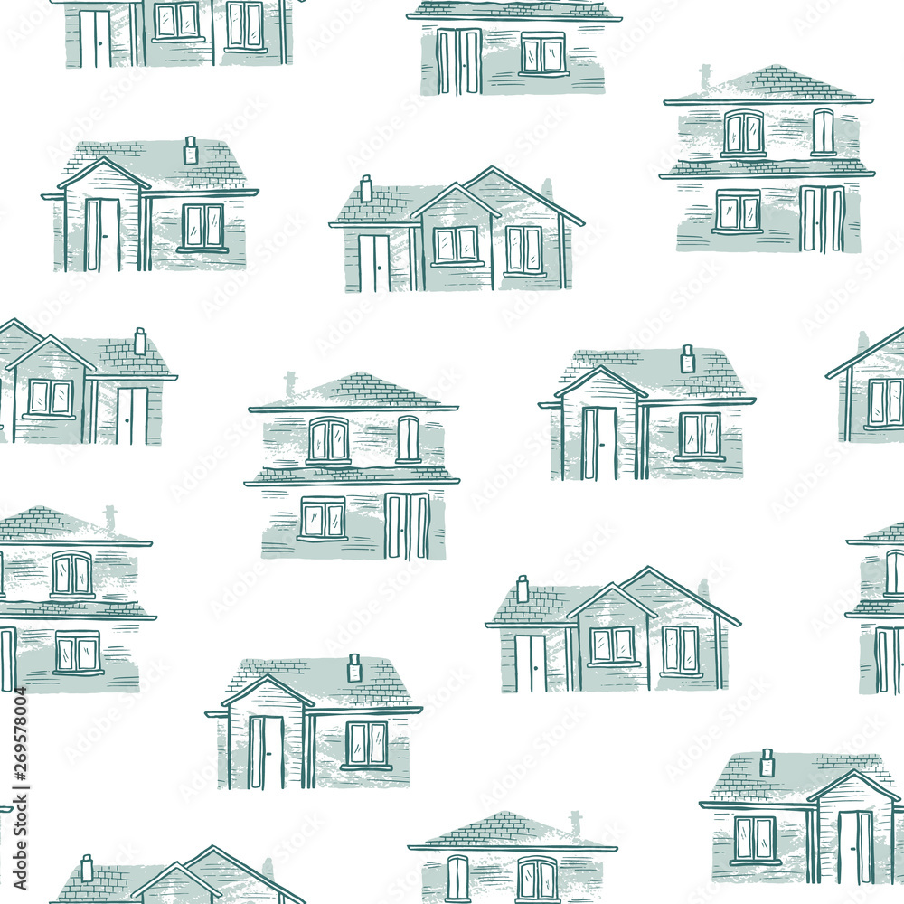 Vector hand drawn house seamless pattern. Background ideal for home decor and wallpaper.