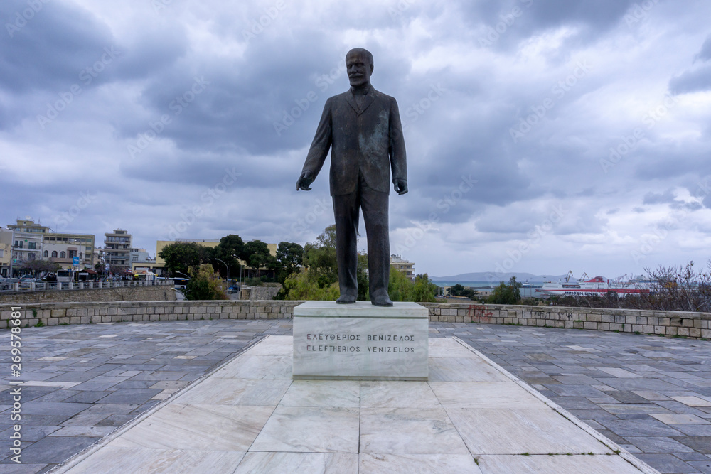 Heraklion, Crete Island / Greece - March 30, 2019: Statue of Eleftherios Venizelos in the center of Heraklion. Eminent greek leader of the Greek national liberation movement of the early 20th century Heraklion, Crete Island / Greece - March 30, 2019: Statue of Eleftherios Venizelos in the center of Heraklion. Eminent greek leader of the Greek national liberation movement of the early 20th century
