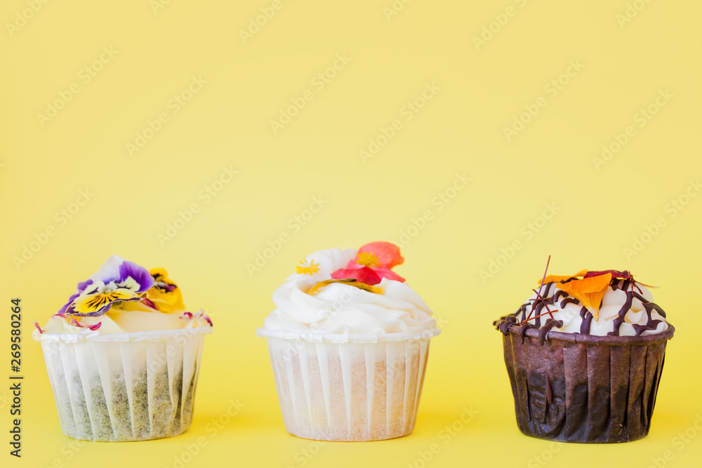 set of delicious cupcakes with different fillings and cream. Three muffin's with cream set of delicious cupcakes with different fillings and cream. Three muffin's with cream