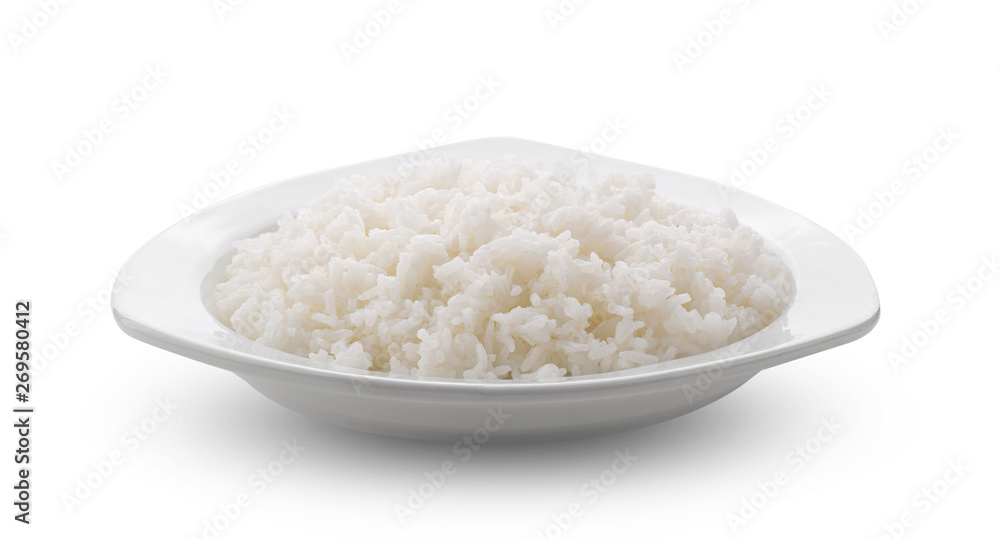 Cooked Jasmin Rice in white plate on white background Cooked Jasmin Rice in white plate on white background
