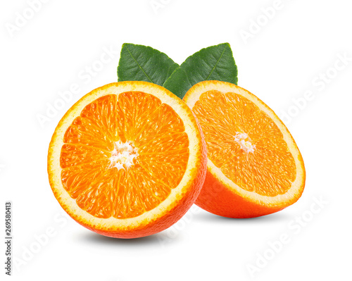 Ripe half of orange citrus fruit with leaf isolated on white background Full depth of field