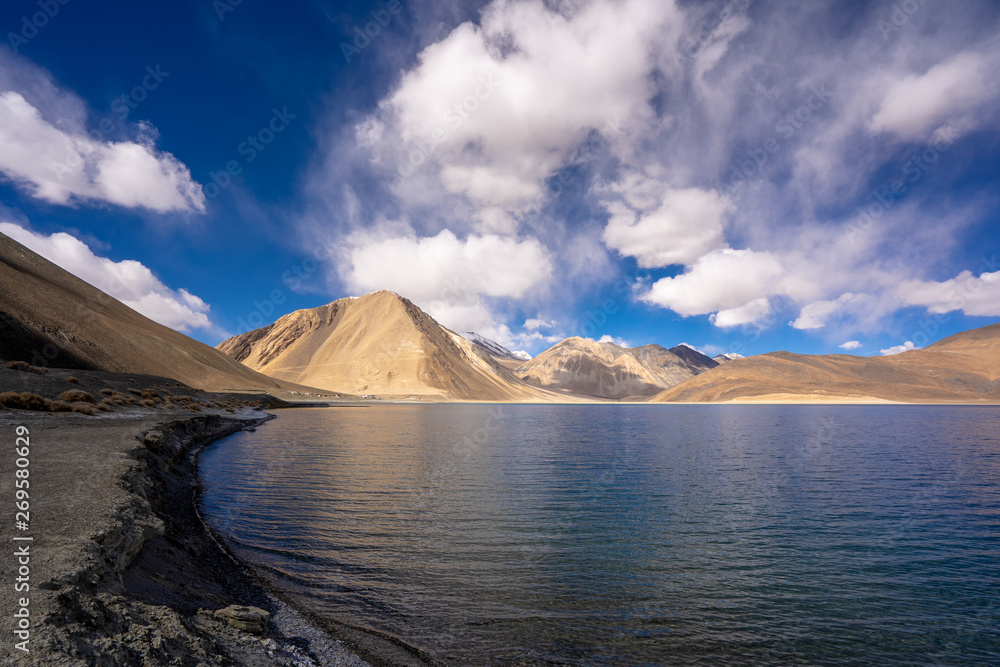 A view of Pangong Lake in Ladakh. Pangong lake or Pangong Tso It's one of the world's highest saltwater lakes.