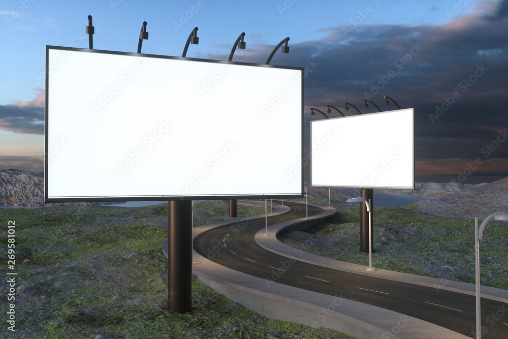 Blank advertising board and winding road, 3d rendering