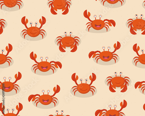 Seamless pattern of cute cartoon red crabs on beach background - Vector illustration © angyee
