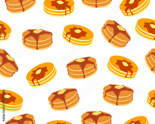 Seamless pattern of pancakes with butter and maple syrup sweet on white background © angyee