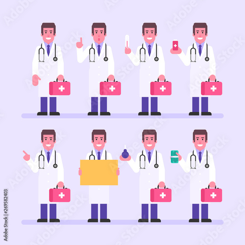 Doctor holding thermometer pill sign enema money. Character set