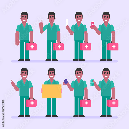 Nurse man holding thermometer pill sign enema money. Character set