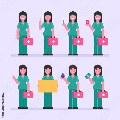 Nurse woman holding thermometer pill sign enema money. Character set