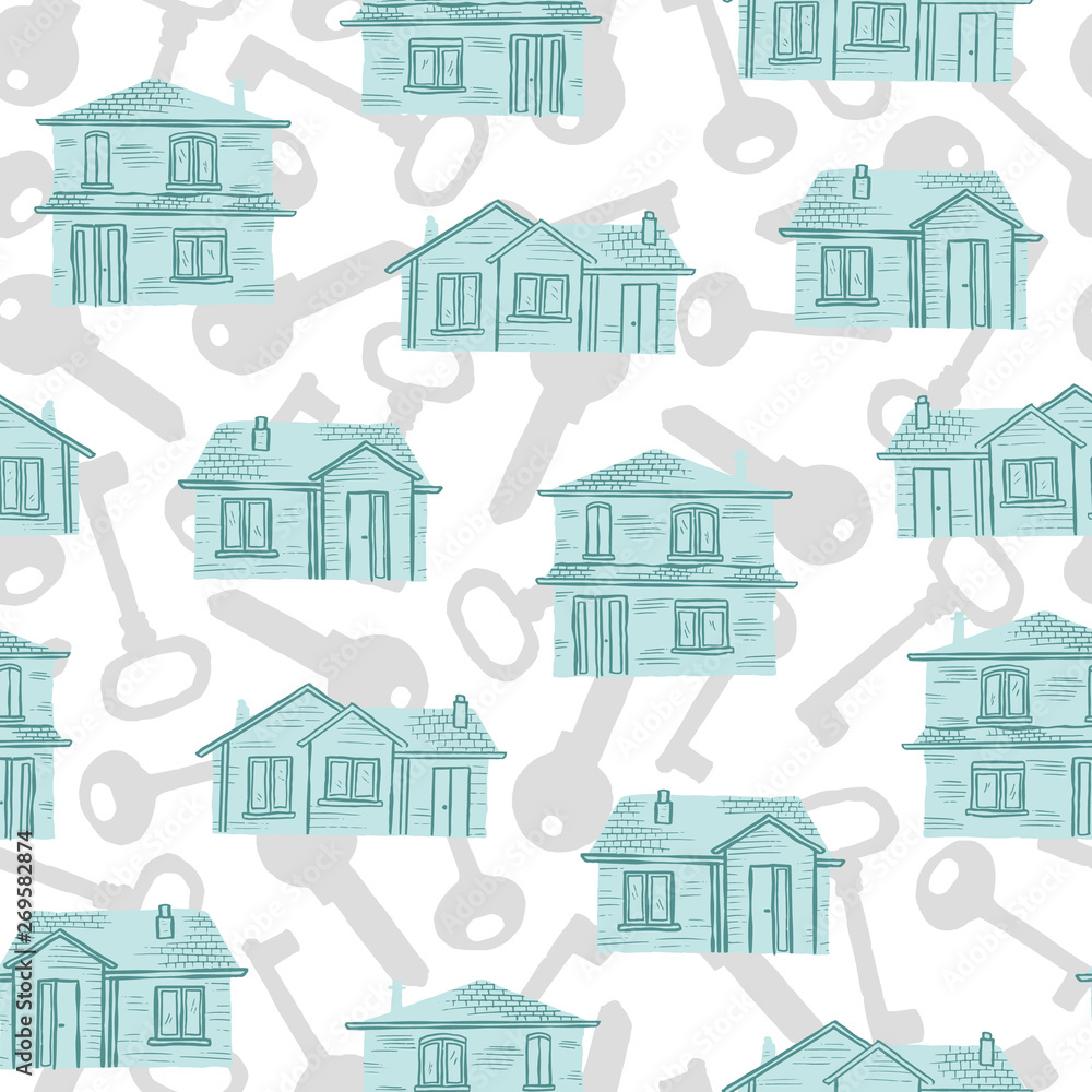 Vector houses and keys seamless pattern. Background ideal for home decor and wallpaper.
