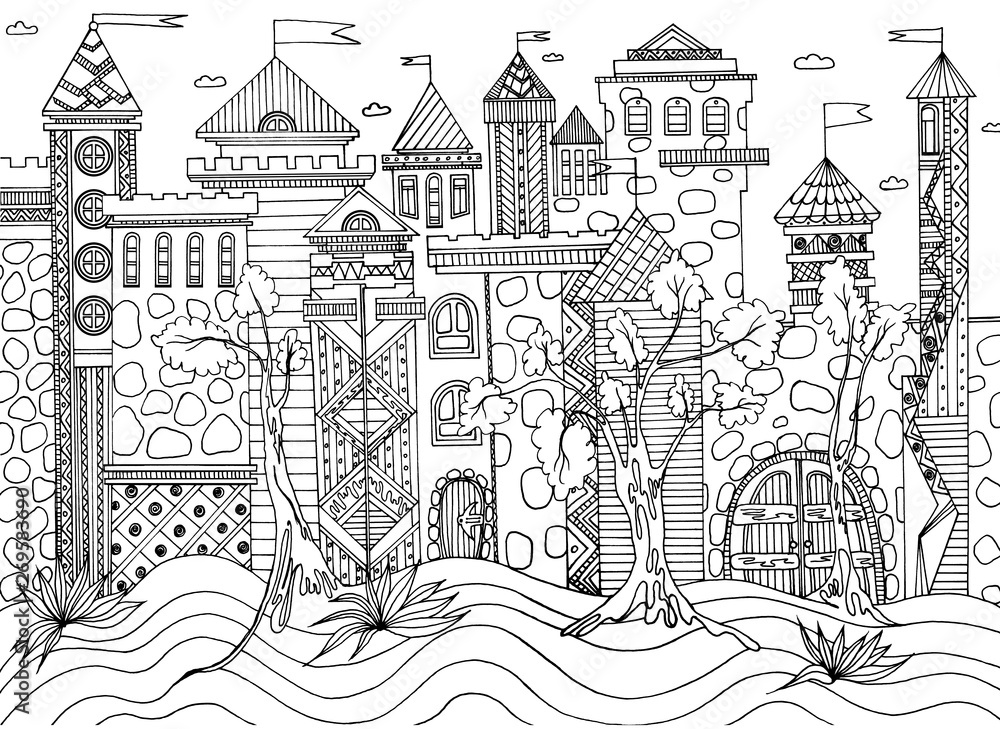 coloring of a fairytale castle, house and pond, trees for children and adults, drawn in black ink with fine details on a white background, antistress series