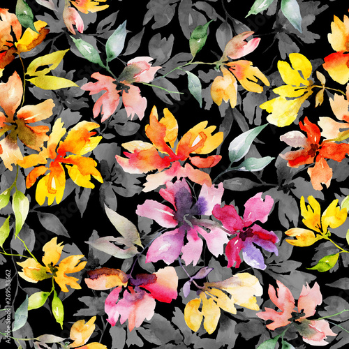 Watercolor hand drawn colored leaves and flowers on a black seamless background for use in design, wrapping paper, wallpaper, stationery, textiles