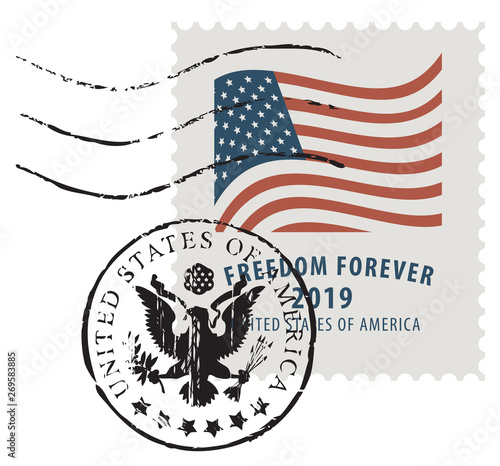 Vector illustration of a USA postage stamp in retro style with an american national flag and inscription Freedom forever. Scratched postmark in form of coat of arms.