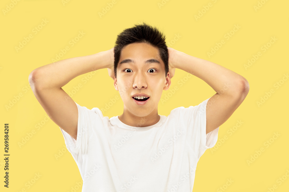 Korean young man's half-length portrait on yellow studio background. Male model in white shirt. Celebrating and happy like a winner or champion. Concept of human emotions, facial expression. Korean young man's half-length portrait on yellow studio background. Male model in white shirt. Celebrating and happy like a winner or champion. Concept of human emotions, facial expression.