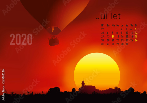 Calendrier 2020 prêt à imprimer en version française, composé d’une page pour chaque mois et d’une page de couverture. Ici le mois de juillet. Il illustre le calme et la liberté avec des paysages natu