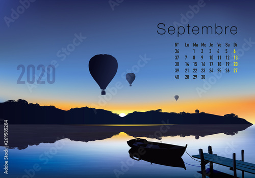 Calendrier 2020 prêt à imprimer en version française, composé d’une page pour chaque mois et d’une page de couverture. Ici le mois de septembre. Il illustre le calme et la liberté avec des paysages na