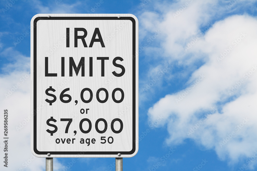 Retirement IRA contributions limits on a USA highway speed road sign Retirement IRA contributions limits on a USA highway speed road sign