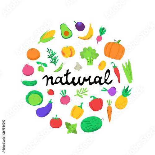 Set of hand drawn flat colorful scetch fruits  herbs and vegetables and lettering natural. Postcards  menu design  food design  vegetarian.