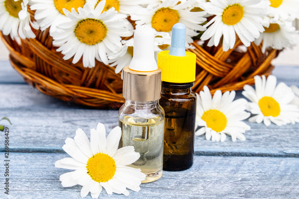 Chamomile essential oil in a glass bottle stands on wooden boards near the basket with chamomile flowers. Chamomile essential oil in a glass bottle stands on wooden boards near the basket with chamomile flowers.