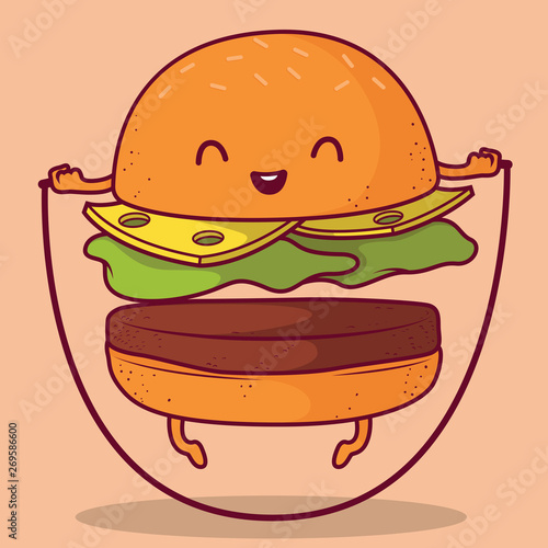 Burger jumping rope vector illustration. Sport, food, healthy, fast food, fat, unhealthy design concept