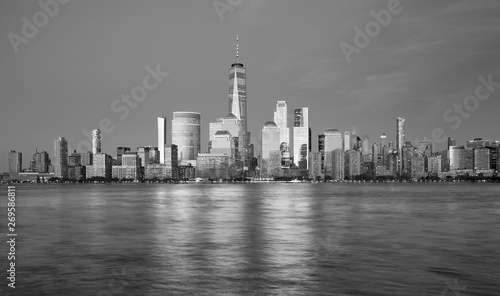 New York City black and white panorama at sunset, USA.