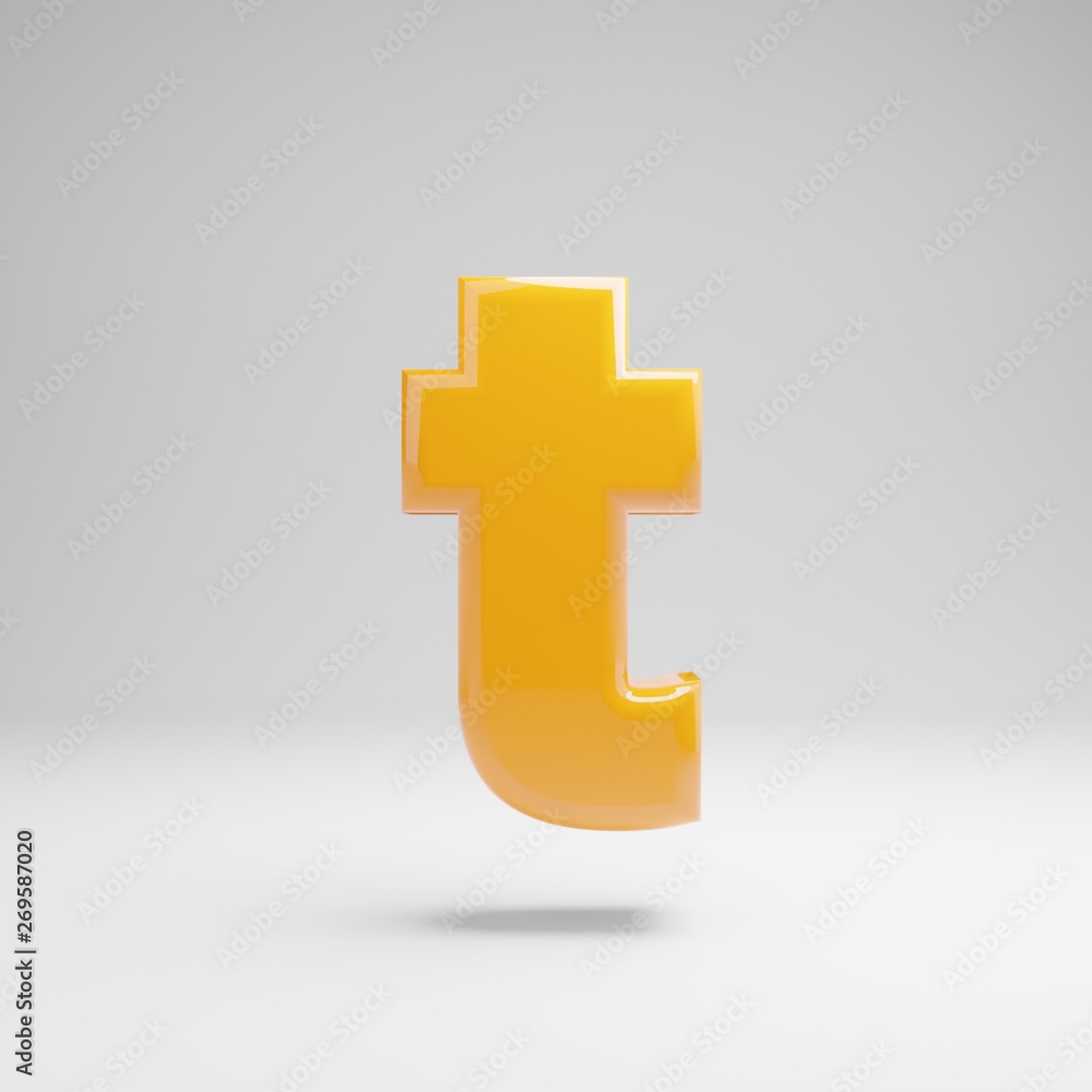 Obraz premium Glossy yellow lowercase letter T isolated on white background.