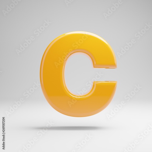 Glossy yellow uppercase letter C isolated on white background.