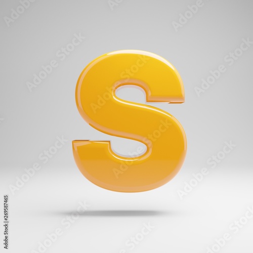 Glossy yellow uppercase letter S isolated on white background.