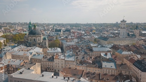 Aerial City Lviv, Ukraine. European City. Popular areas of the city. Dominican
