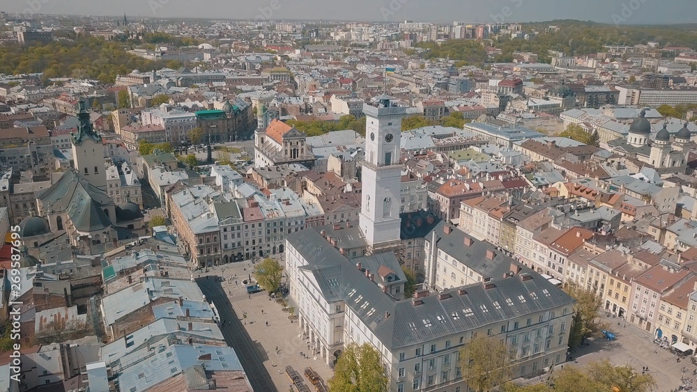 Fototapeta premium Aerial City Lviv, Ukraine. European City. Popular areas of the city. Town Hall