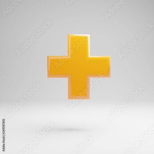 Glossy yellow plus symbol isolated on white background.