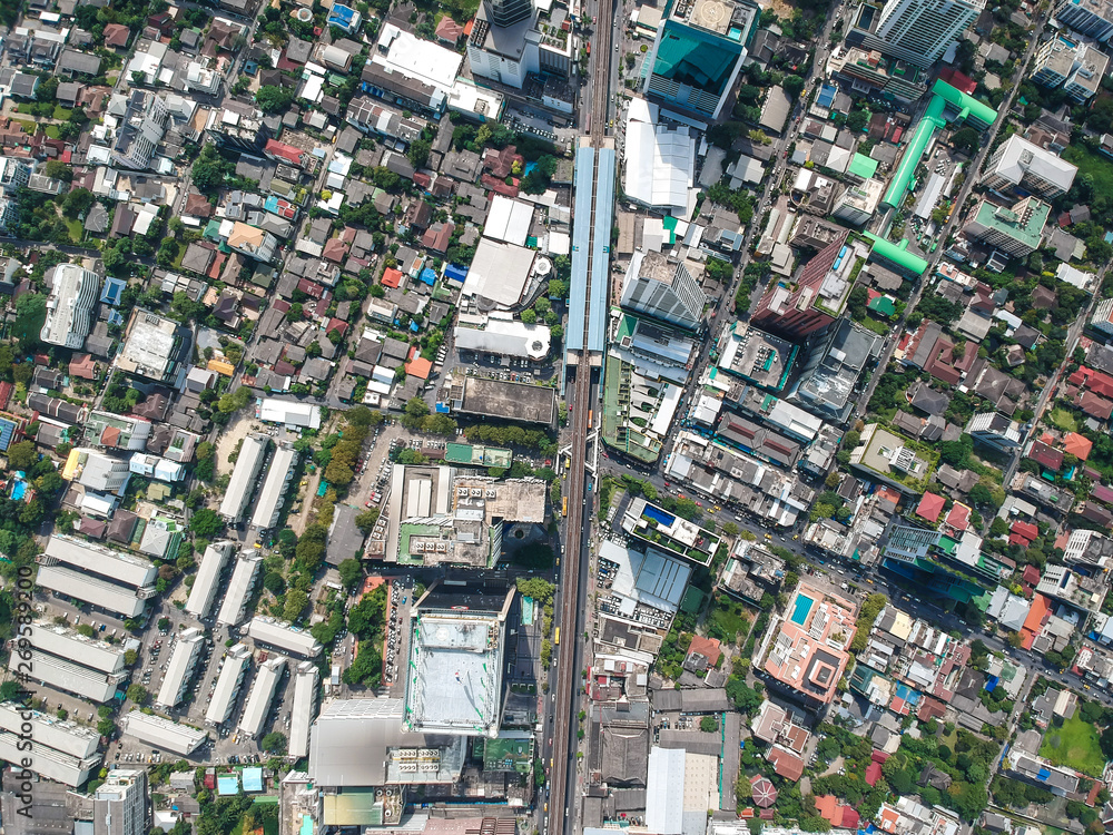 Bangkok midtown city building with BTS sky train aerial view