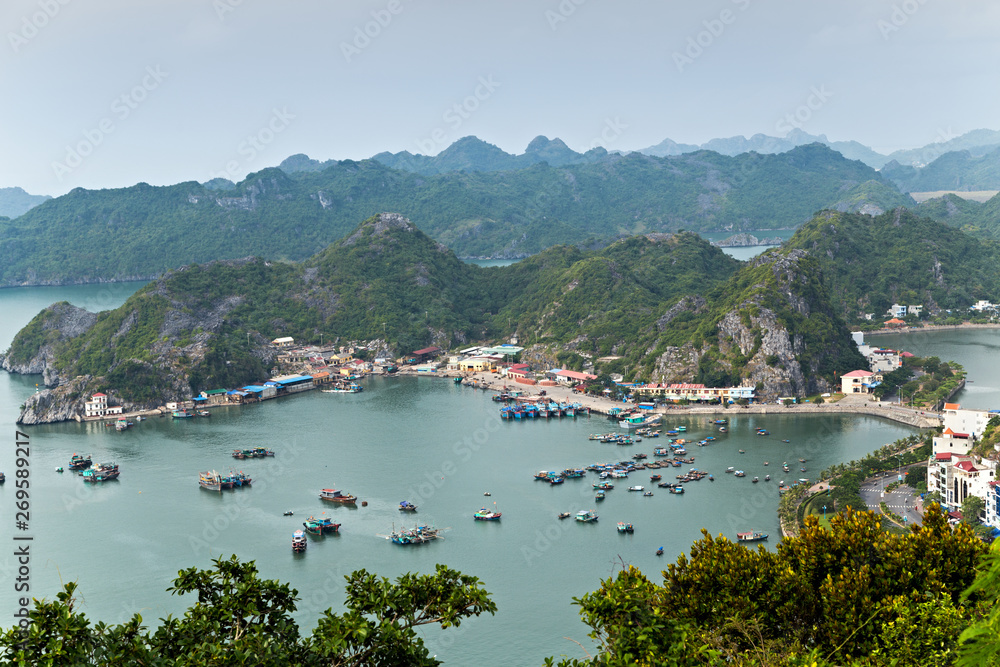 Aerial view on Halong bay Cat Ba islands mountains South China Sea Vietnam. Site Asia