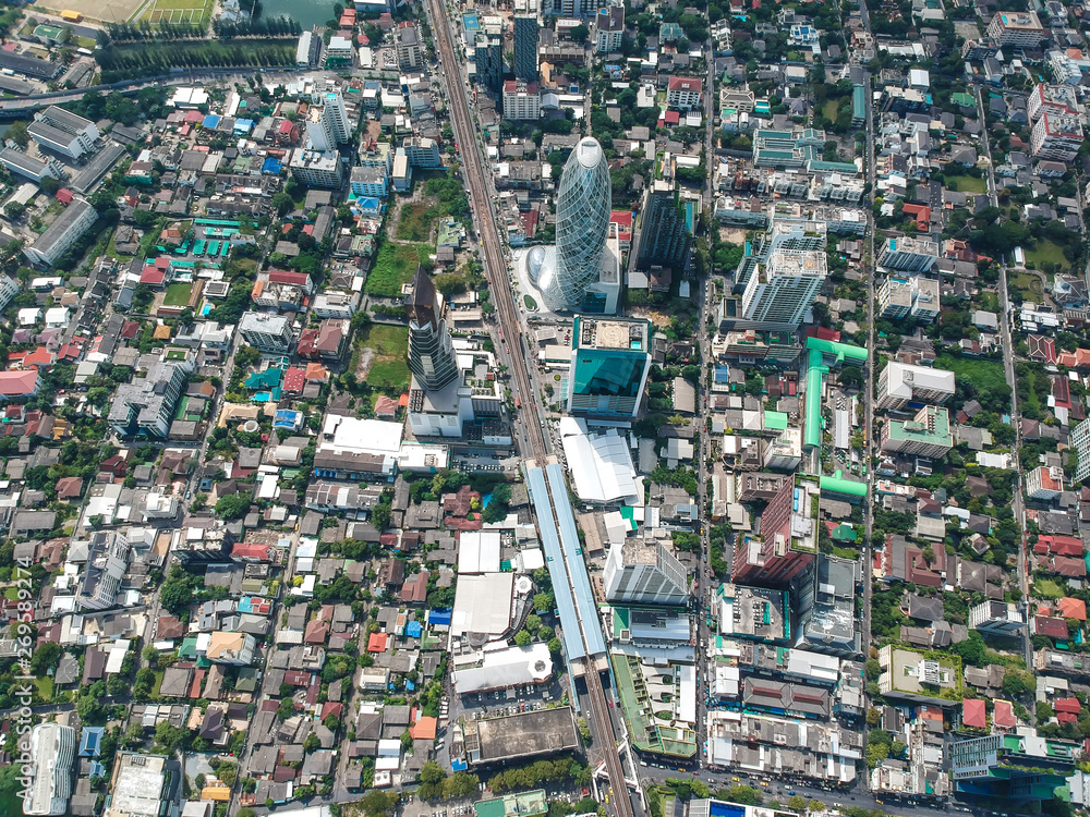 Bangkok midtown city building with BTS sky train aerial view