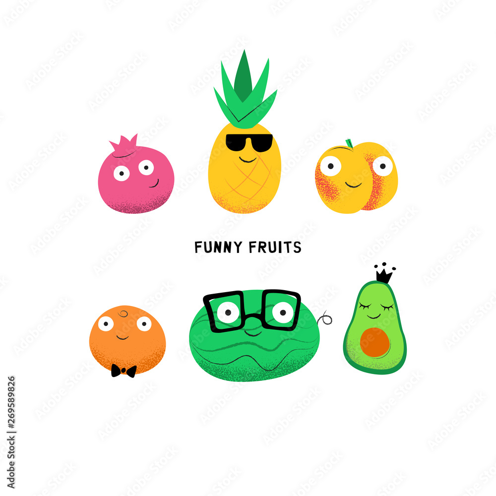 Vector set of cute cartoon fruits characters. Vector set of cute cartoon fruits characters.