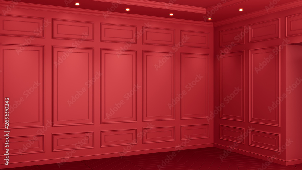 Classic red interior with copy space. Red walls with classical decor. Floor parquet herringbone. 3d rendering Classic red interior with copy space. Red walls with classical decor. Floor parquet herringbone. 3d rendering