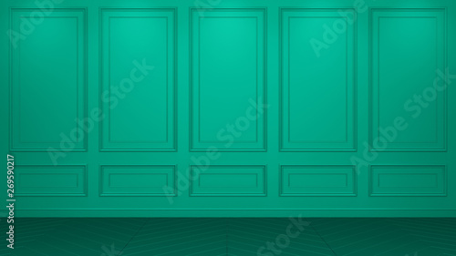 Classic turquoise interior with copy space. Red walls with classical decor. Floor parquet herringbone. 3d rendering