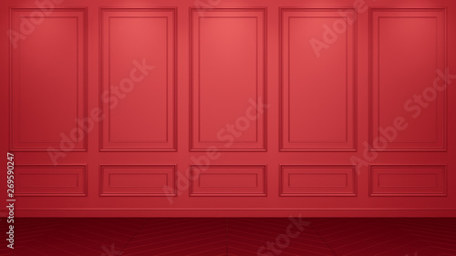 Classic red interior with copy space. Red walls with classical decor. Floor parquet herringbone. 3d rendering