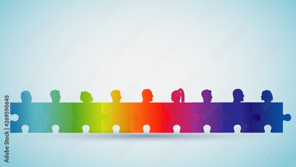 Group of silhouette people heads in rainbow colors forming puzzle pieces. Concept teamwork or community. Cooperation and competence. Association or partnership. Social media network. Problem solving