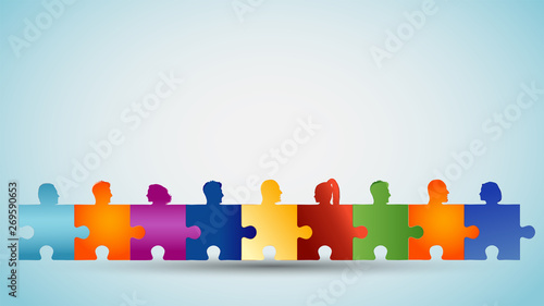 Problem solving. Concept teamwork or community. Group of colorful silhouette heads people forming puzzle pieces. Collaboration and competence. Association or partnership. Social media network