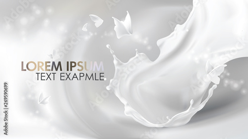 Milk pouring splash swirl shape and white liquid silhouettes of flying butterflies isolated on shining background. Design element for advertising and packaging of natural dairy products or cosmetics